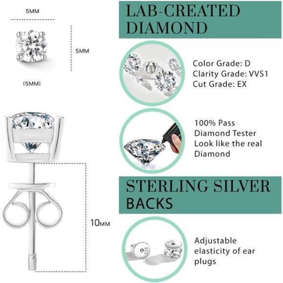 Moissanite Earrings Lab Created Diamond 925 Sterling Silver Stud for Men Women - Picture 4 of 7